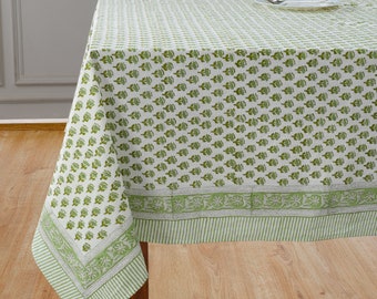 Tablecloth,CPC Emerald Green-100%Cotton Hand Block Floral Printed Decorative Table cover for Dining table Farmhouse Party Wedding Gift Event