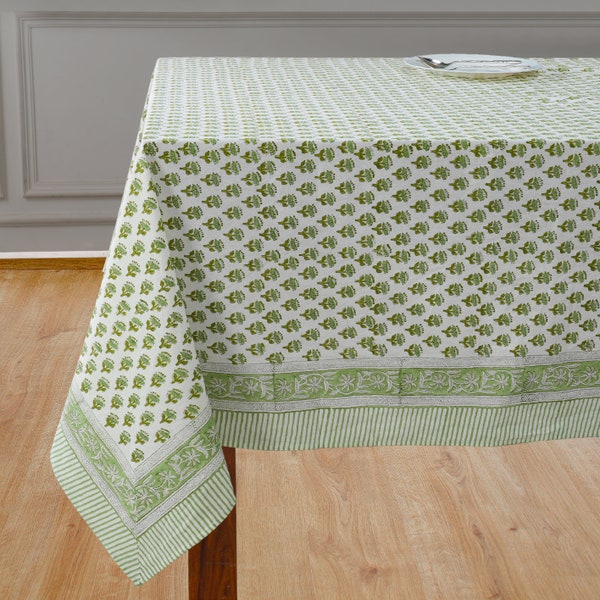 Tablecloth,CPC Emerald Green-100%Cotton Hand Block Floral Printed Decorative Table cover for Dining table Farmhouse Party Wedding Gift Event