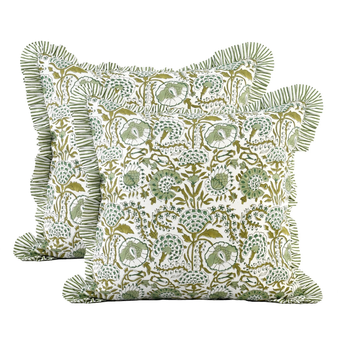 Green - Akola Block Print Cotton Pillow Covers (Set of 2) 03