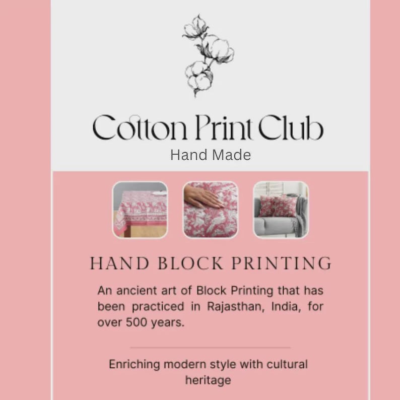 May include: A pink and white graphic with the text "Cotton Print Club" and "Hand Made." Below, it reads "HAND BLOCK PRINTING" and describes the art form practiced in Rajasthan, India, for over 500 years. The image also includes three smaller images.