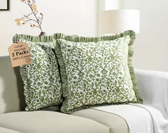 Meadow Vine Baumwoll Rüschen-Kissenbezug, Handblockbedrucktes Boho Blumen-Kissen für Couch, Farmhouse Wohnzimmer Dekor