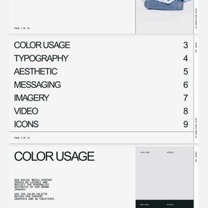 Puede incluir: Diseño de un kit de marca para redes sociales con texto y una pila de ropa doblada. El kit incluye secciones sobre uso del color, tipografía, estética, mensajería, imágenes, vídeo e iconos. La paleta de colores incluye azul marino, azul claro y azul rojo.