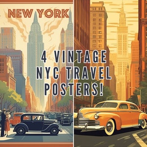 Paquete de carteles de viaje vintage de Nueva York, cartel de la ciudad de Nueva York, PNG, arte de pared imprimible, uso comercial