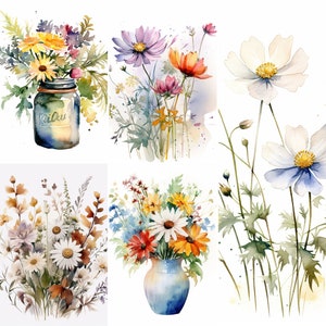 Watercolor Wild Flowers, Jar, Vase, Clipart Floral Watercolor PNG, Commercial Use