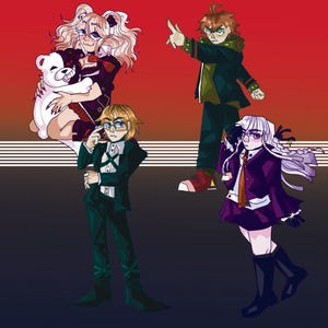 Puede incluir: Ilustración de cuatro personajes de estilo anime sobre un fondo degradado rojo y negro. Un personaje sostiene un peluche de oso blanco. Otro señala, mientras que los otros dos posan. Los personajes visten varios atuendos, incluyendo una blazer y un uniforme escolar.
