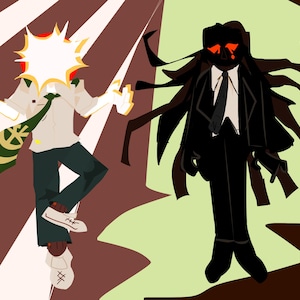 May include: A stylized illustration of two figures, one with a white head and a green and white striped tie, the other a black figure with red eyes and a black tie. The figures are set against a background of brown and green.