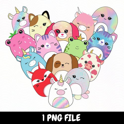 Lindos animales Squishmallow con diseño de corazón PNG (Descarga digital)