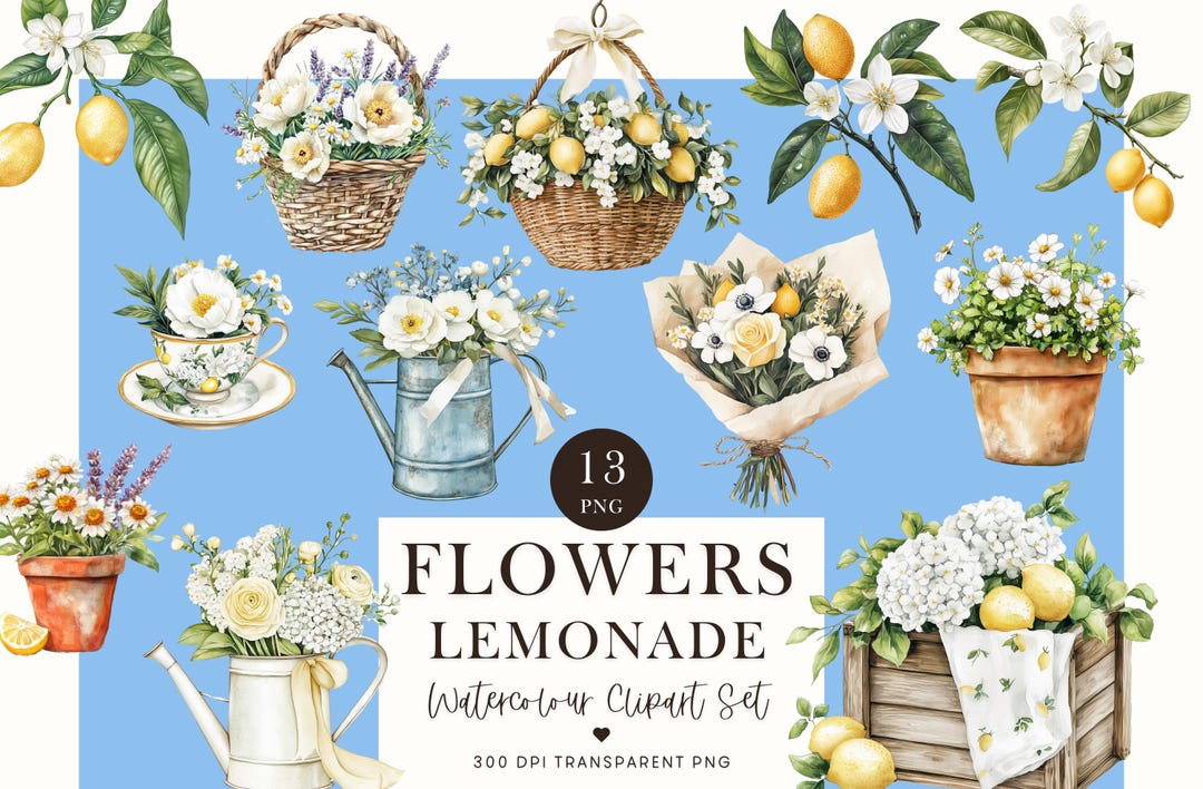 Lemon and Flowers Planner Clipart Set Cozy Summer Clipart Citrus ...