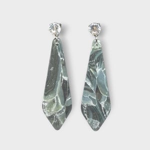 Handmade Polymer Clay Earrings. Silver and Black Marble with Rhinestone Post. Stylish Accessories for Her. Unique Gift Idea