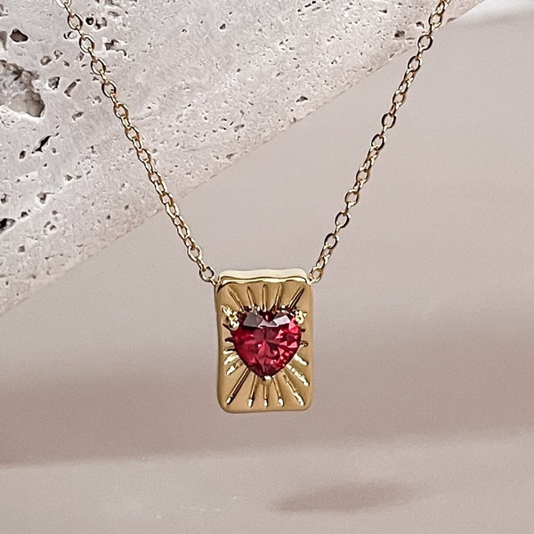 Ruby Heart Nugget Pendant Necklace French Retro 18K Gold Plated by Subtle Statements NYC  , Heart Necklace, Gold Necklace, Red Necklace