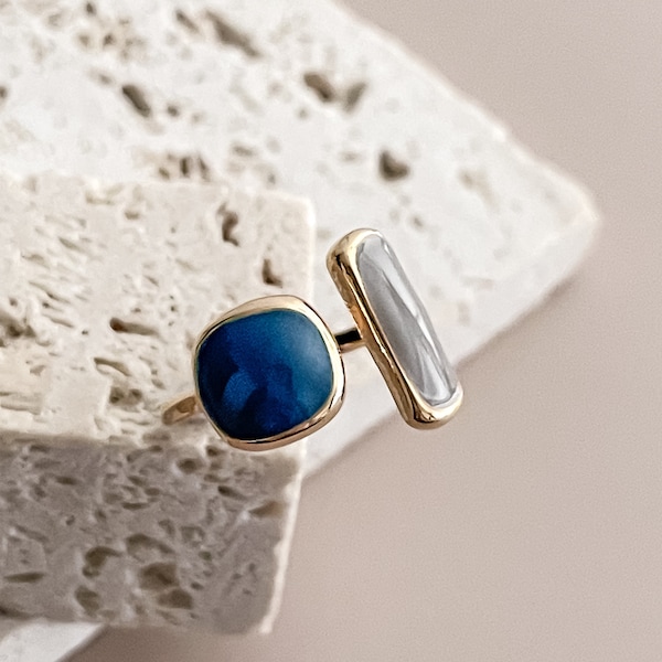 Asymmetric Blue Enamel Ring 18K Gold Plated Irregular Blue Tone Enamel Huggy Open Ring by Subtle Statements NYC, Enamel Ring