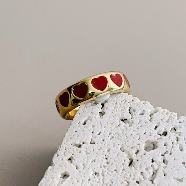 Red Enamel Heart Ring by Subtle Statements NYC - Minimalist Adjustable Ring, Red Heart Ring, Enamel Ring