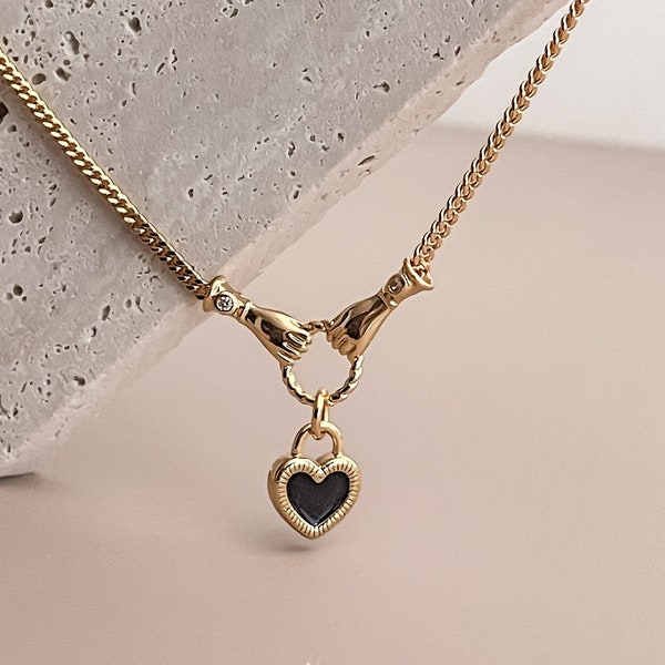 Black Heart Zirconia Necklace with Gesture Love Heart Pendant French Retro by Subtle Statements NYC , Hands Holding A Heart Charm