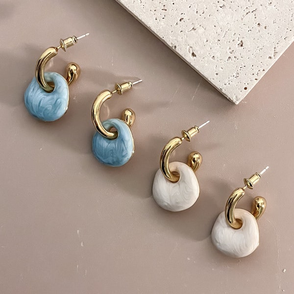 Cloudy Enamel Earrings Cute C-Shaped Stud Earrings by Subtle Statements NYC - Two color options, White Earrings, Blue Earrings