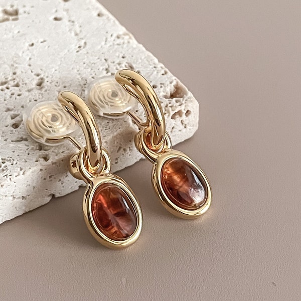 Resin Ear Clips, 18K Gold Plated Artificial Amber Pendant Earlobe Ear Clips by Subtle Statements NYC, Amber Ear Clips, Elegant Ear Clips