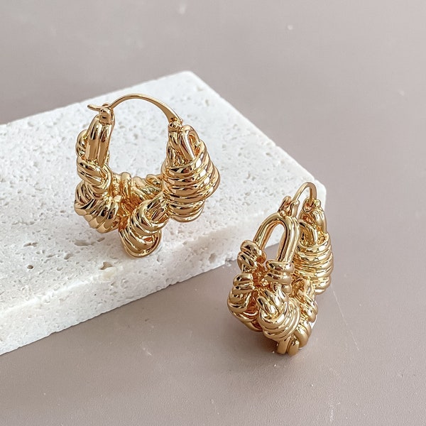 Chunky Twisted Rope Earrings French Retro 18K Gold Plated Pattern Latched Hoop Earrings by Subtle Statements NYC, Latched Hoop Earrings