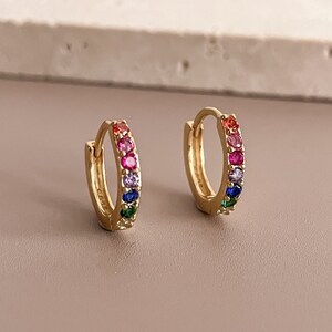 Rainbow Zircon Earrings 18K Gold Plated Mini Colorful Hoop Earrings by Subtle Statements NYC, Rainbow Hoop, Colorful Earrings