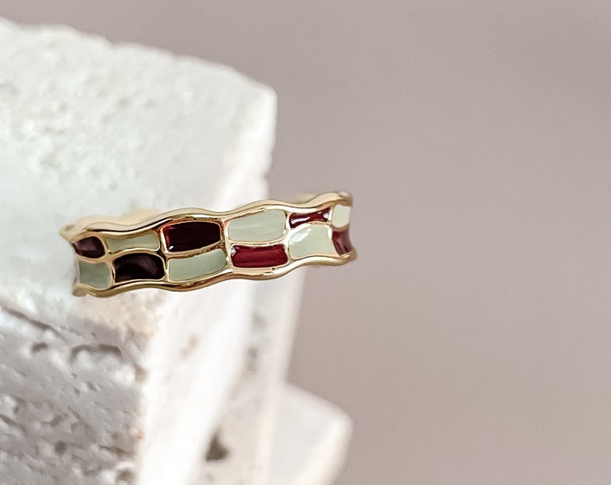 Checkerboard Pattern Ring 18K Gold Plated Enamel Band Open Ring by