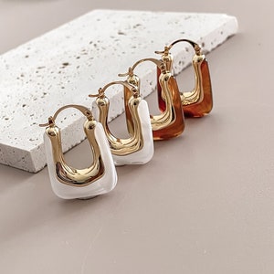 Resin Chunky Hoop U Shape Latch Hoop Earrings by Subtle Statements NYC - Two Colors, Hoop Earrings, Acrylic Earrings, Resin Earrings