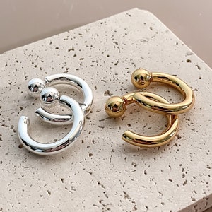 Chunky Hoop Earrings C-Shaped Stud Earrings Minimalist 18K Gold Plated by Subtle Statements NYC, Gold Earrings, Simple Earrings