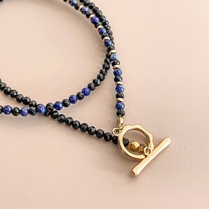 Lapis Lazuli And Black Spinel Beaded Necklace Boho Style Natural Gemstone Toggle Collarbone Necklace, Beaded Necklace, Gemstone Necklace