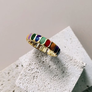 Colorful Enamel Ring 18K Gold Plated Rainbow Color Palette Adjustable Ring Band by Subtle Statements NYC, Enamel Ring, Rainbow Colorful Ring