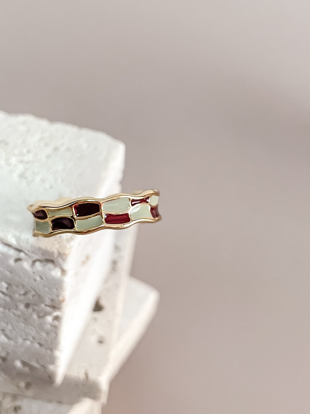 Checkerboard Pattern Ring 18K Gold Plated Enamel Band Open Ring by