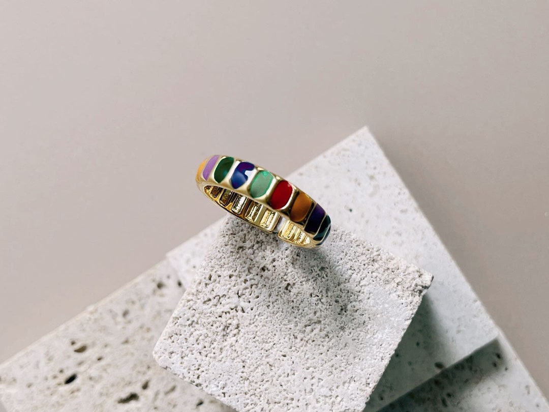 Colorful Enamel Ring 18K Gold Plated Rainbow Color Palette Adjustable