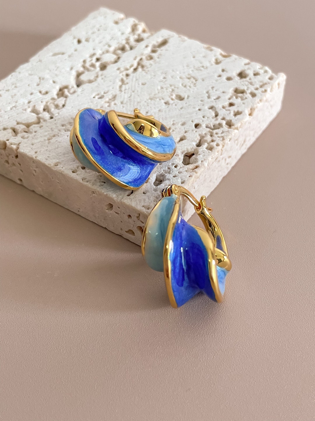 Blue Enamel and Gold Spiral Earrings Vintage Style Hoops by Subtle ...