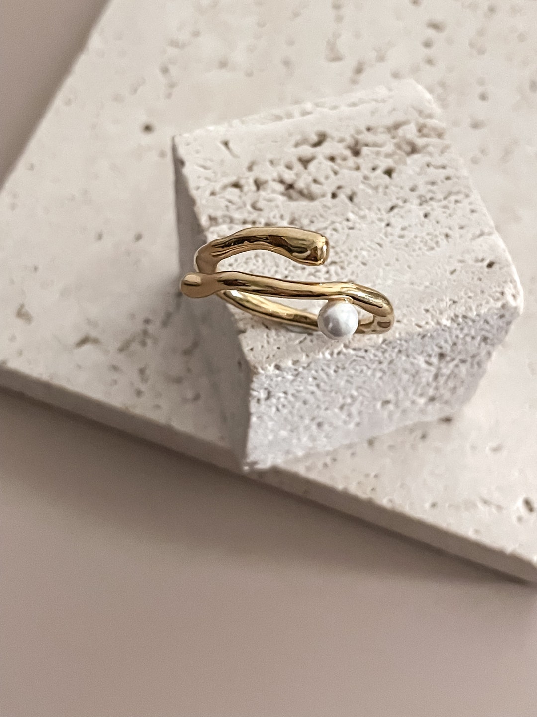 Ripple Pearl Ring 18K Gold Plated Minimalist Wraparound Pearl in