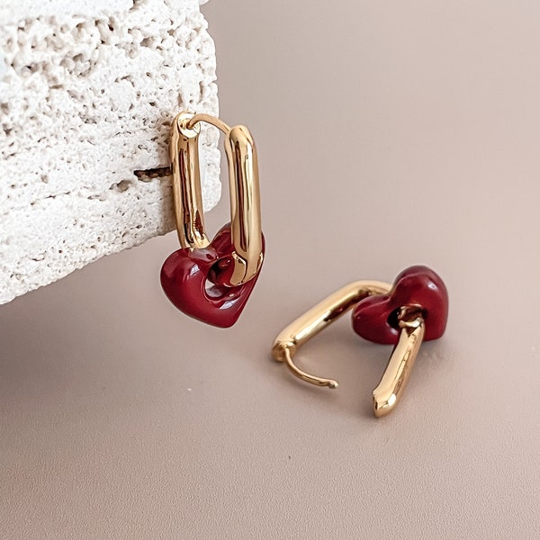 Enamel Red Heart Earrings French Retro 18K Gold Plated by Subtle Statements NYC, Heart Earring, Dangle Earrings, Gold Hoop Earrings