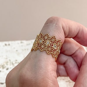 Gold Lace Ring 18K Gold Plated Baroque Palace Crown Style Adjustable Band by Subtle Statements NYC, Lace Ring, Open Ring, Baroque Ring