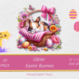 Pacote de clipart de coelho da Páscoa em uma cesta, clipart de Páscoa, gráficos de Páscoa, designs de Páscoa, com fundo transparente e uso comercial