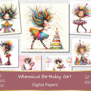 Whimsical Birthday Girl Clipart 32 High Res Watercolor JPGs Junk Journals Scrapbooking Card Making Digital Download Fantasy Birthday cake
