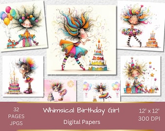Whimsical Birthday Girl Clipart, Watercolor Style (Digital Download)