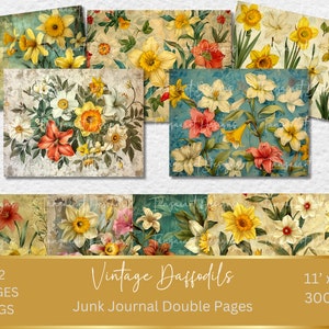 32 páginas de diário digital vintage da Daffodil para impressão, diário de primavera, diário floral, diário chique gasto, narciso, flor, primavera, kit,