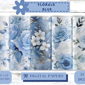 Papel digital aquarela floral azul, papel de scrapbook aquarela azul pastel abstrato, diário de lixo, padrões florais, plano de fundo de casamento