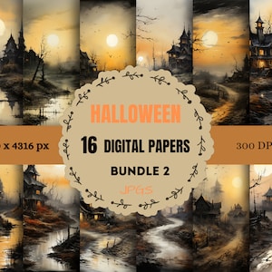 Druckbare Halloween-Landschaft, digitales Papier, Aquarell-Halloween-Szenen, gruselige Seiten, Download Junk Journal, Scrapbooking, Kartenherstellung