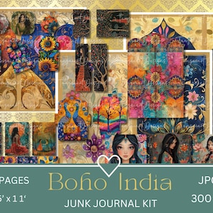 Boho India Junk Journal Kit, halve pagina's, volledige pagina's, kaarten, tags, folio, plakboekvoorraad, goud, digitaal, afdrukbaar. JPG-download
