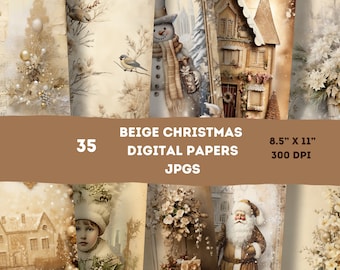 Zestaw do tworzenia beżowego dziennika świątecznego, technika mieszana, papier cyfrowy, beżowe strony dziennika do druku, papier do dziennika, pobieranie cyfrowe, tworzenie kartek