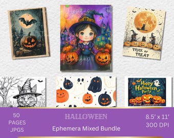 Halloween Mixed Ephemera -50 PAGES, Junk Journal Kit, Digital Kit, Halloween Junk Journal Kit, Halloween Printable, Halloween Ephemera