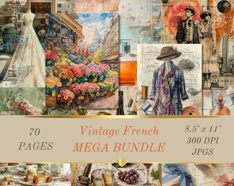 Vintage Frans junkjournaal, 70 afdrukbare pagina's, grunge, vintage ephemera, journaling papers, megabundel, digitale download