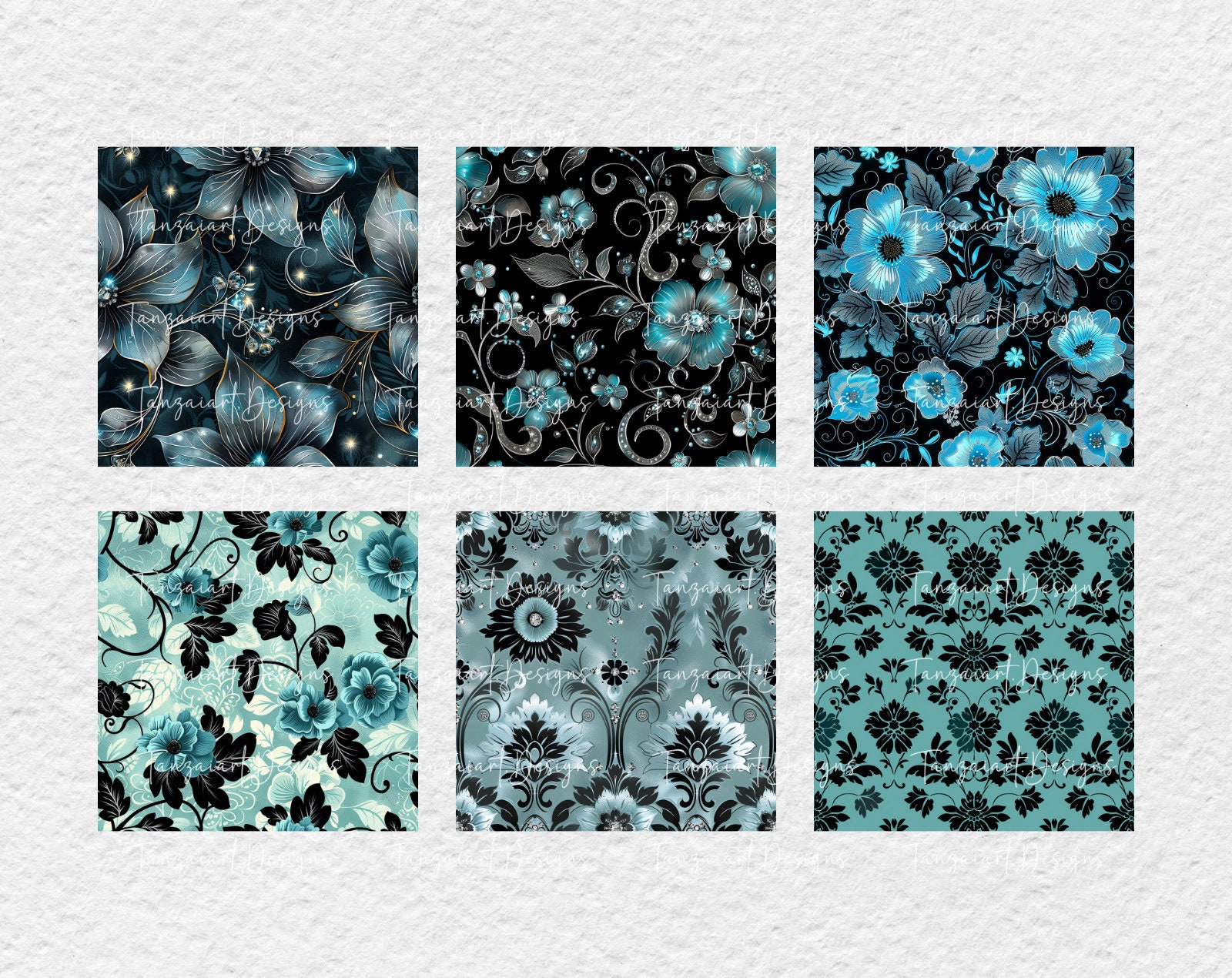 Aqua Floral Digital Paper Pack, Seamless Flower Patterns (digital ...