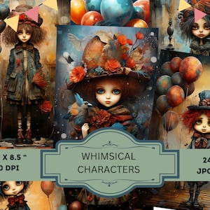 Whimsical Characters Junk Journal Metade de papéis, Suprimento de diário de recortes - 24 páginas de diário de lixo estilo grunge - Ephemera, Stamperia, páginas