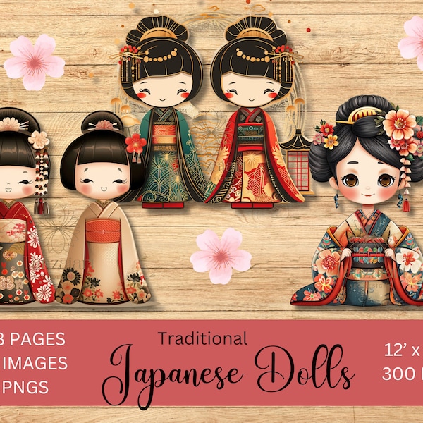 Japanese geisha png, cute dolls clipart, cute japanese graphics, printable sublimation digital download, kit, bundle, ephemera, oriental