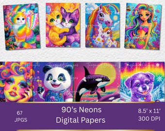 90's Neon Digital Paper Pack, Retro Scrapbooking (Digital Download)