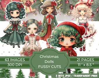 Christmas Paper Dolls Kit | Dolls Christmas Ephemera | Fussy Cut | Digital Papers Images | Card Making | Dolls Journaling supplies | cricut