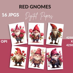 Fancy Red Gnomes Clipart, 16 High Quality JPGs, Nursery Art, Digital Download | Card Making, Gnome Clipart, Digital Paper Craft |