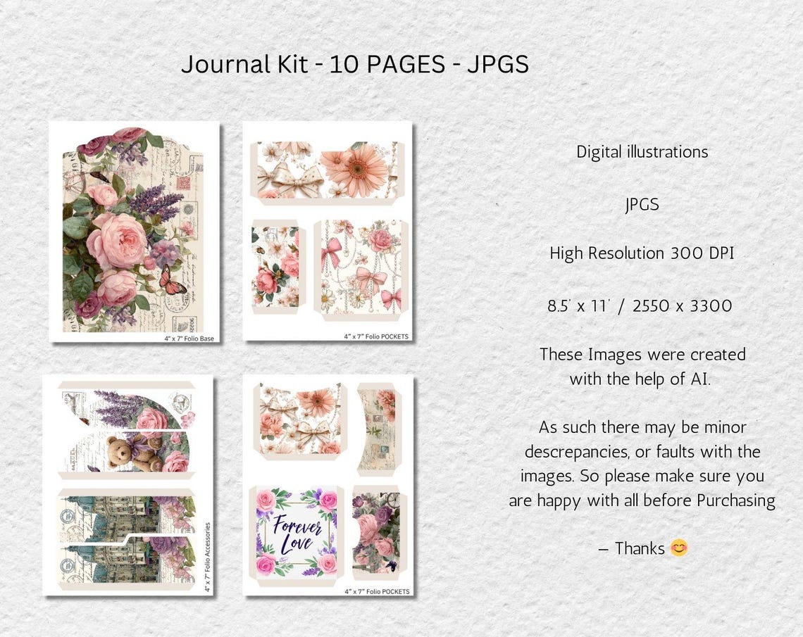 Vintage Floral Junk Journal Kit, Journaling Ephemera, ATC, Digital ...