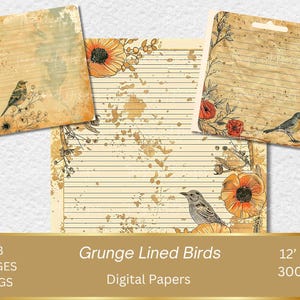 Digitaal papier, digitaal papier grunge-vogels, beige plakboekpakket, junkjournaal, scrapbooking, vogels en bloemen - DIRECT DOWNLOADEN